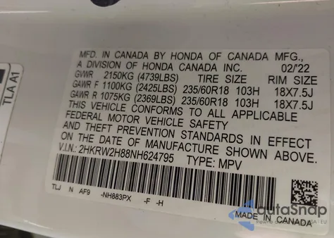 2022 Honda Cr-V Awd Ex-L from USA, damaged, VIN 2HKRW2H88NH624795